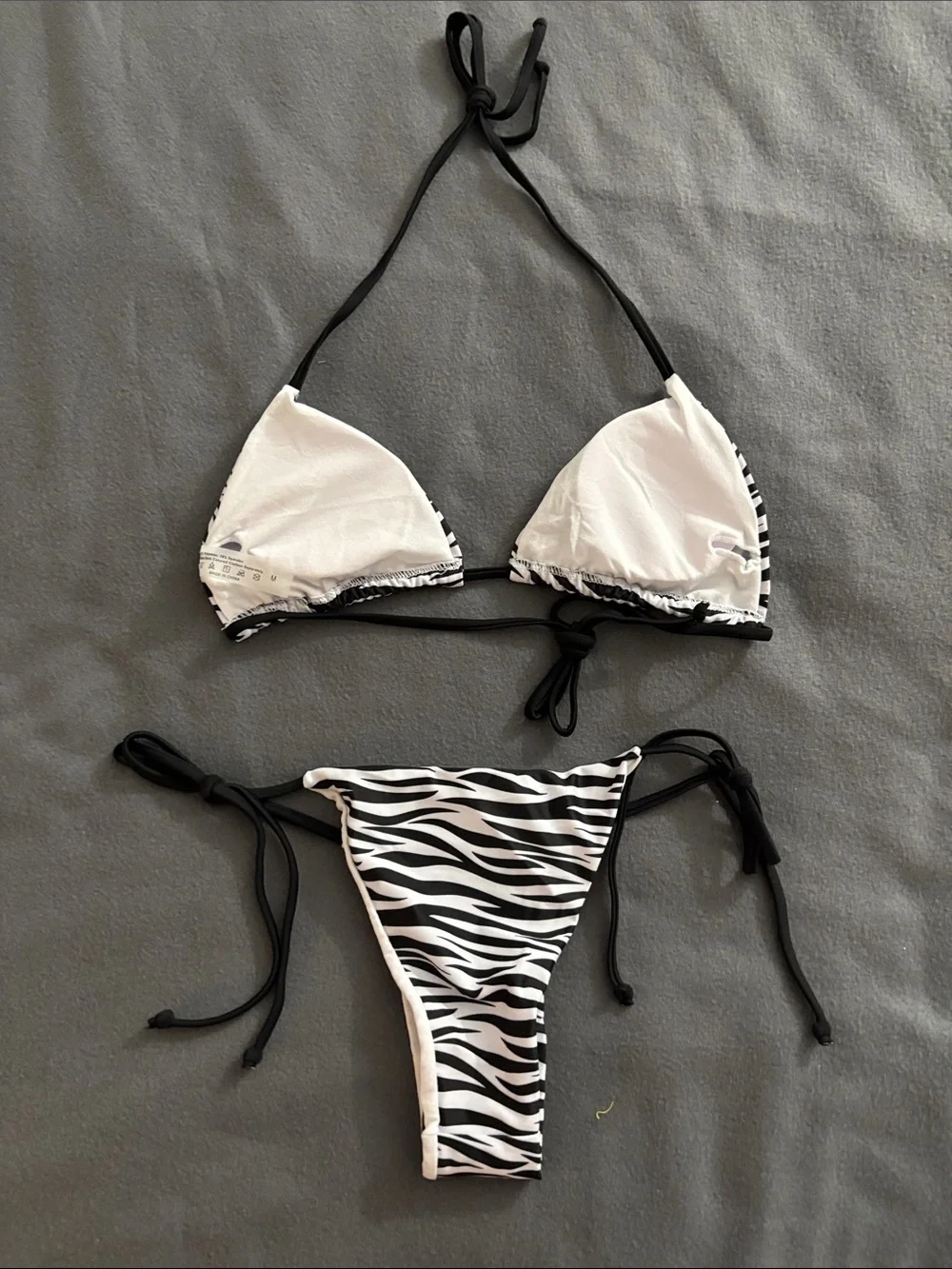 Zebra Print String Bikini Set Black White Triangle Swimwear Medium